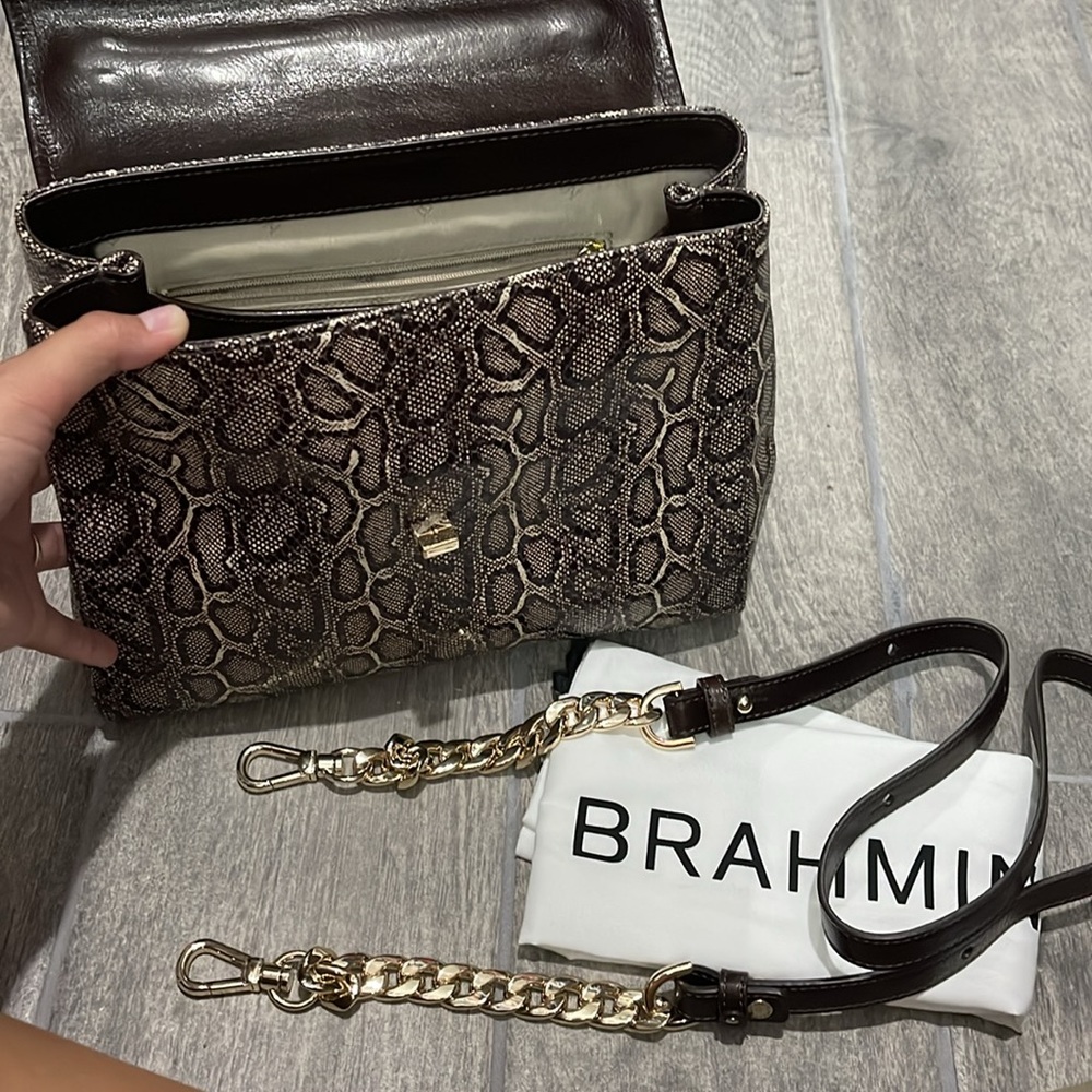 Top-Handle Snake-Print Satchel in Brown - Picture 5 of 11